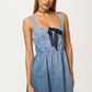 Denim Midi Dress with Square Neckline and Contrast Bow Detail