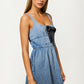 Denim Midi Dress with Square Neckline and Contrast Bow Detail