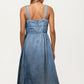 Denim Midi Dress with Square Neckline and Contrast Bow Detail