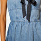 Denim Midi Dress with Square Neckline and Contrast Bow Detail