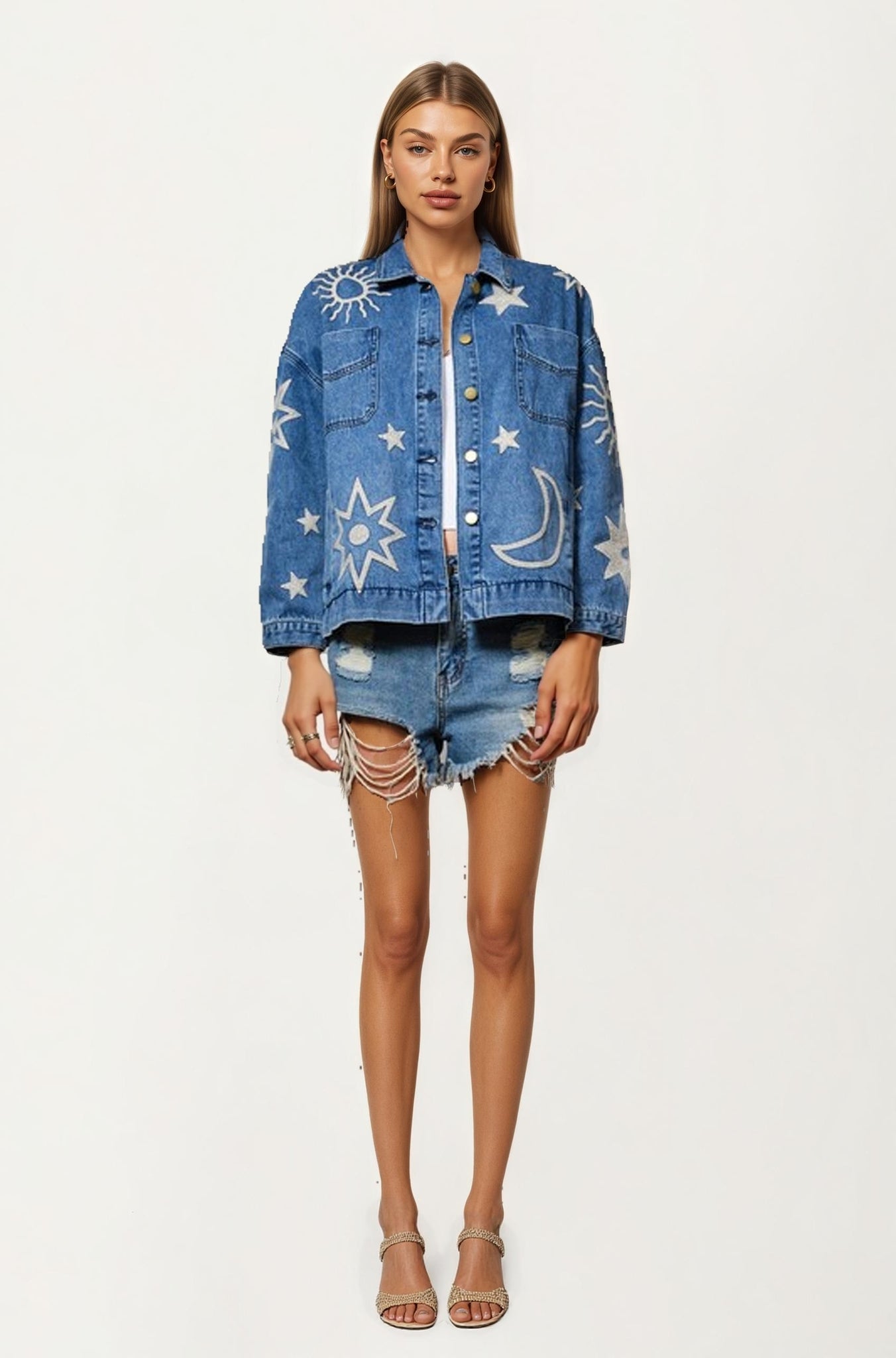 Denim Jacket with Celestial Star and Moon Embroidery
