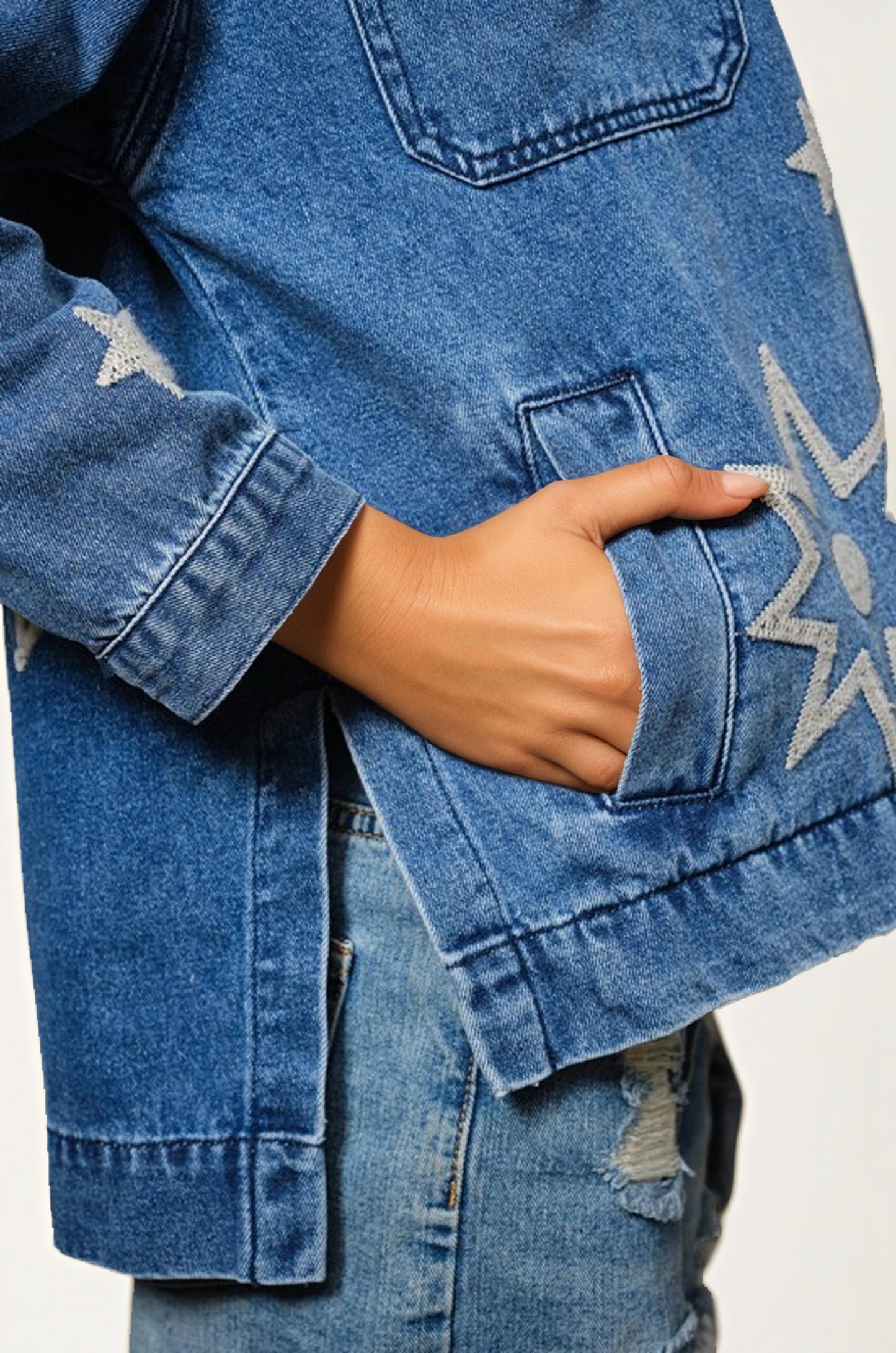 Denim Jacket with Celestial Star and Moon Embroidery