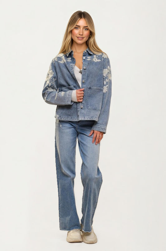Relaxed Denim Jacket with Embroidered Floral Detailing