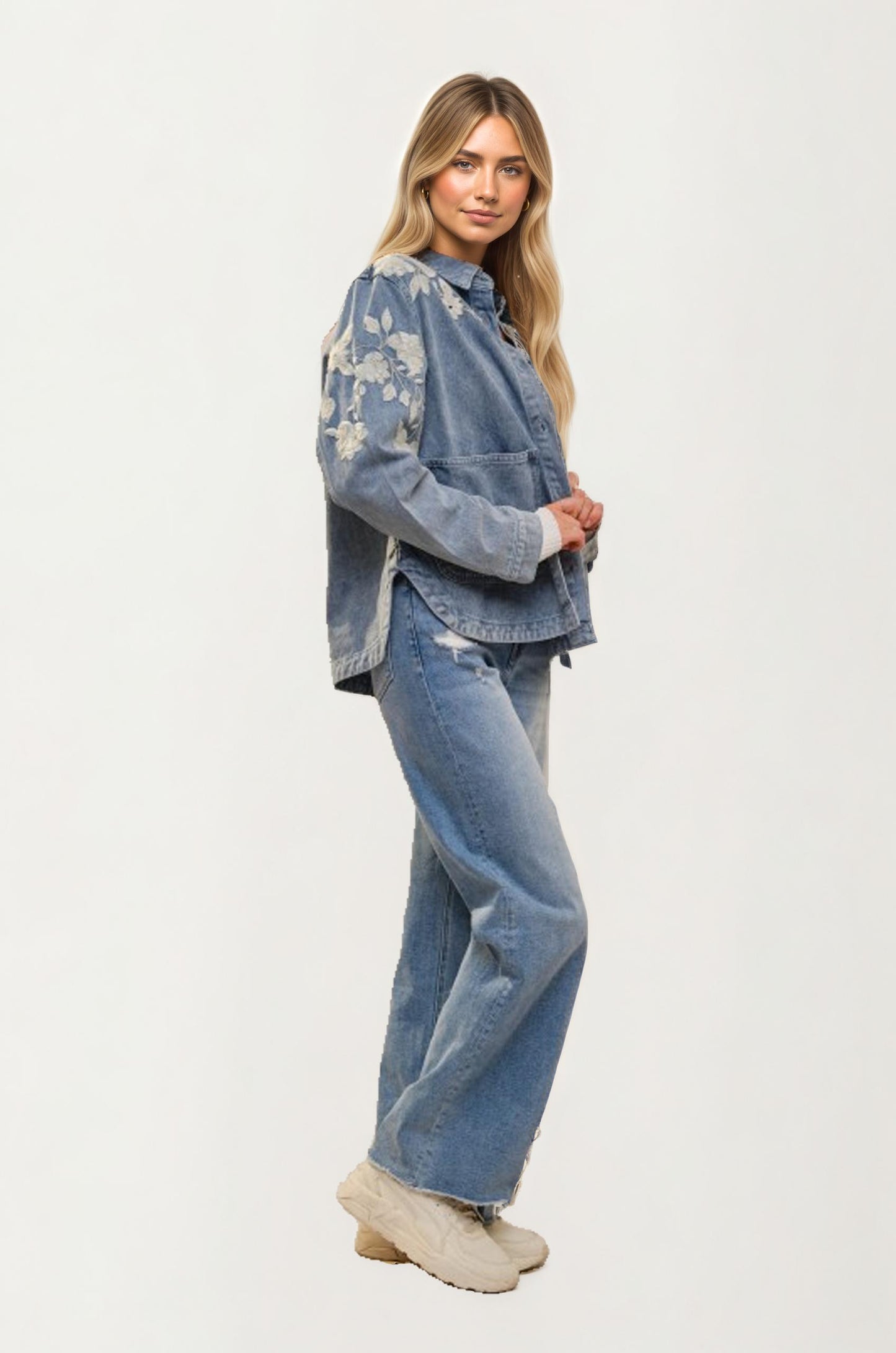 Relaxed Denim Jacket with Embroidered Floral Detailing