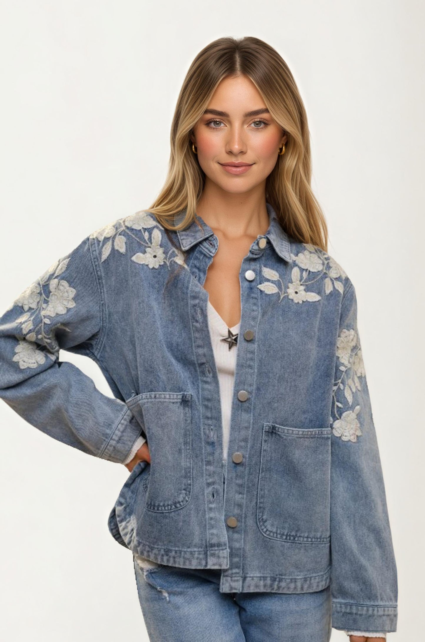 Relaxed Denim Jacket with Embroidered Floral Detailing