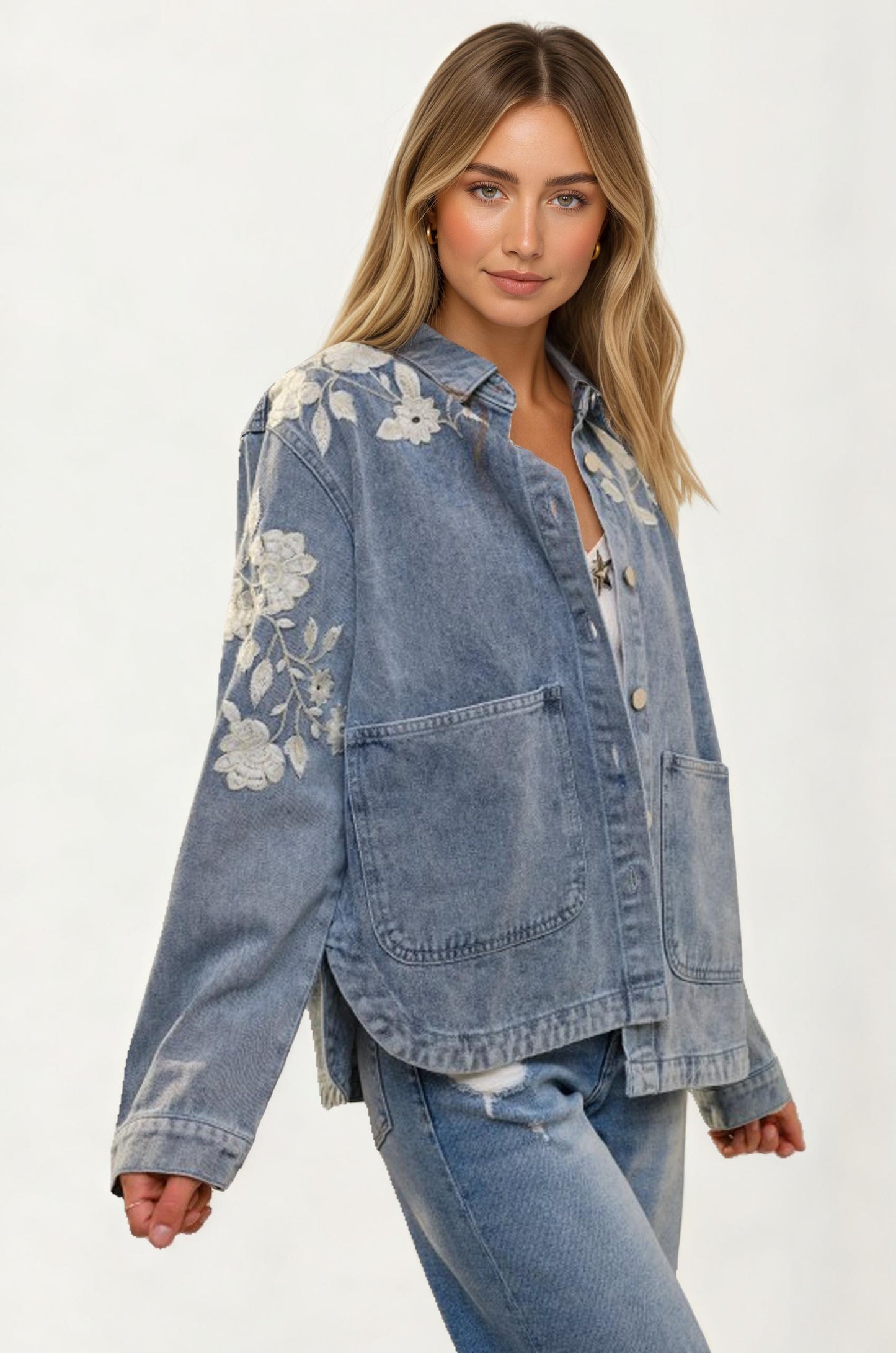 Relaxed Denim Jacket with Embroidered Floral Detailing