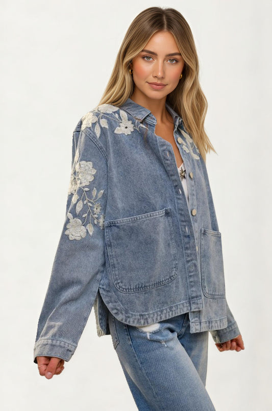 Relaxed Denim Jacket with Embroidered Floral Detailing