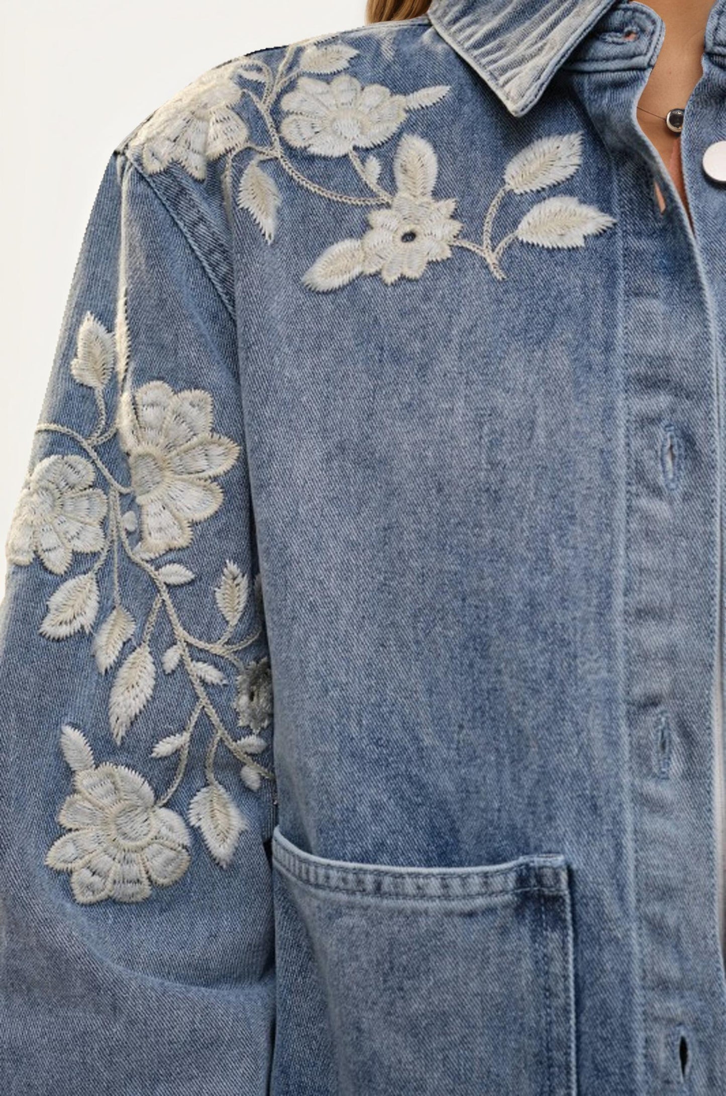 Relaxed Denim Jacket with Embroidered Floral Detailing