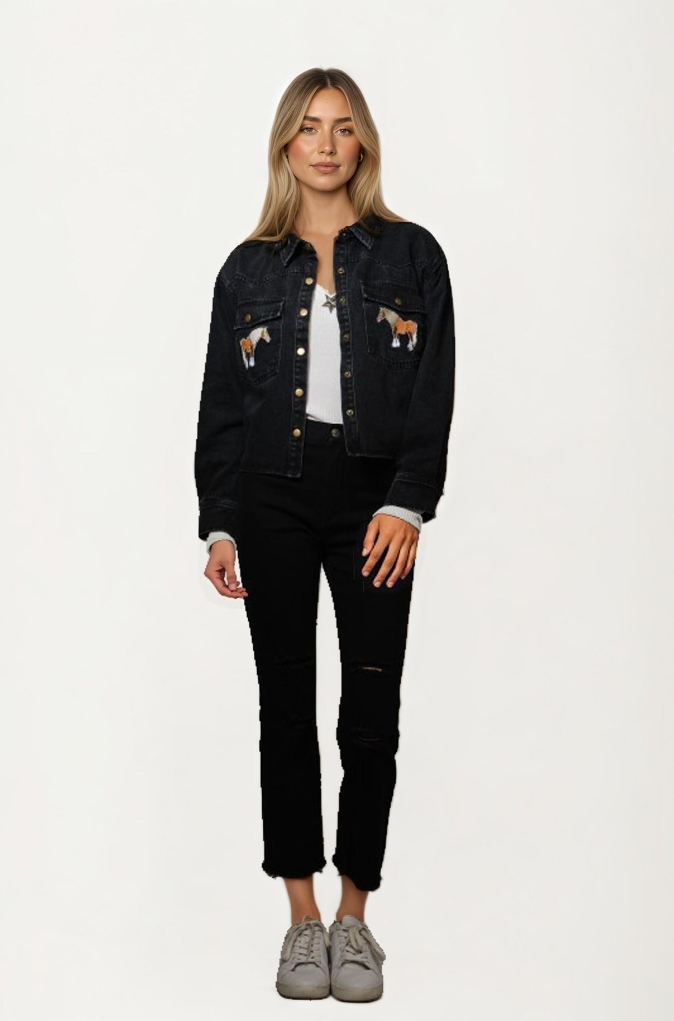 Denim Jacket with Embroidered Horse Detail and Classic Fit