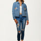 Light Wash Denim Jacket with Embroidered Horse Pockets