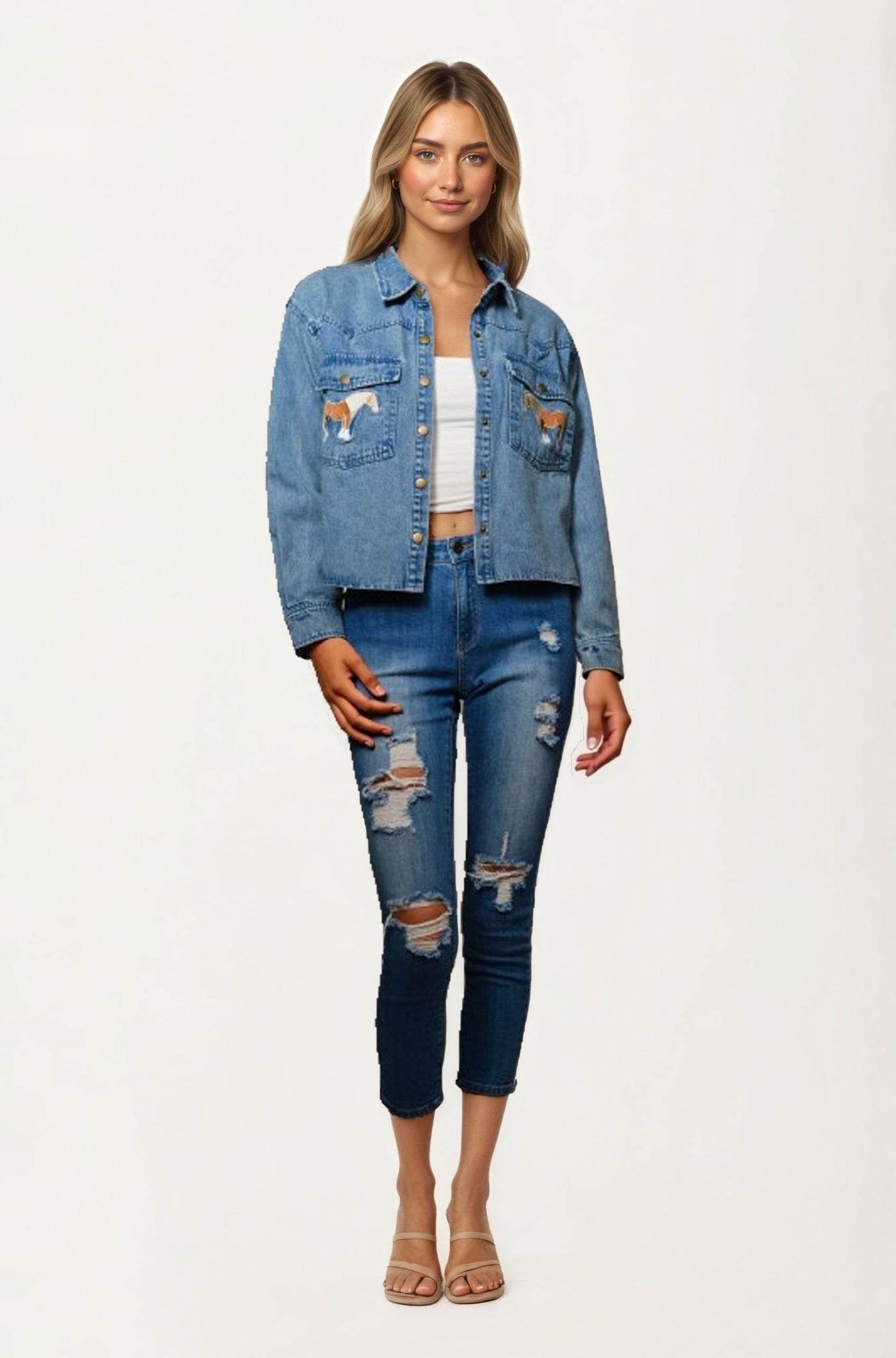 Light Wash Denim Jacket with Embroidered Horse Pockets