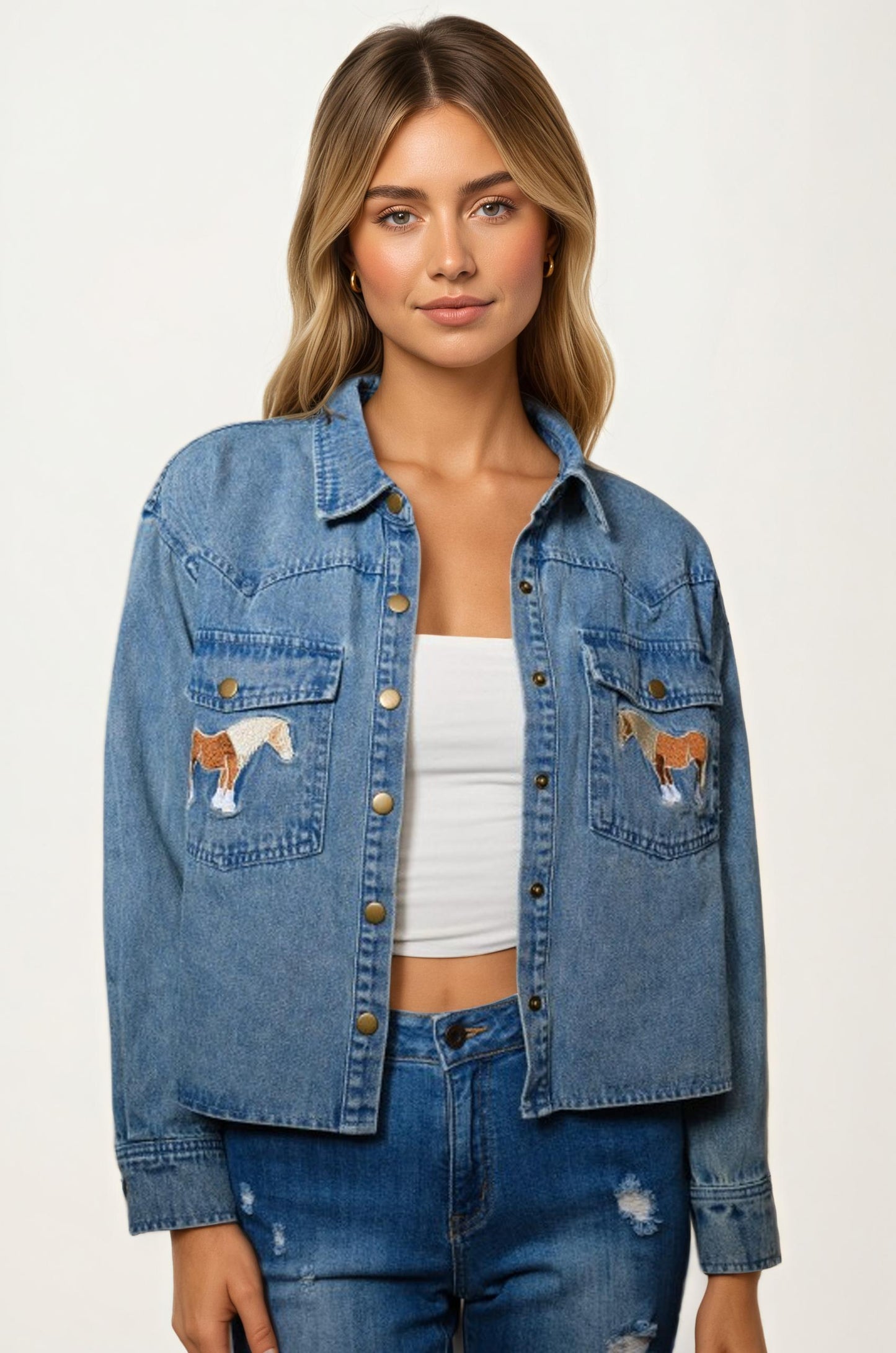 Light Wash Denim Jacket with Embroidered Horse Pockets