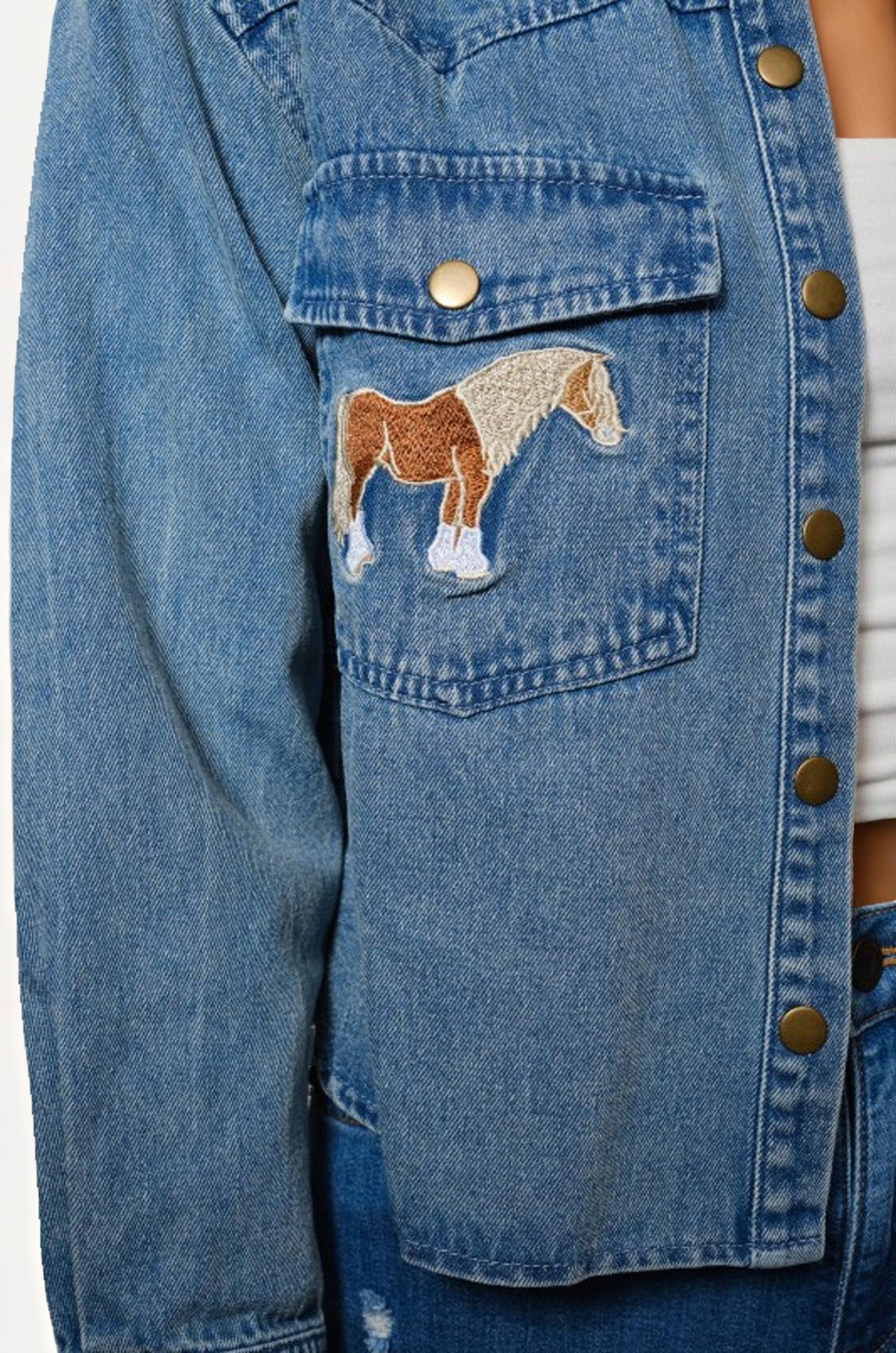 Light Wash Denim Jacket with Embroidered Horse Pockets