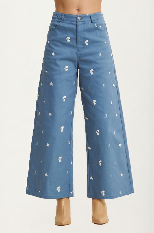 Blue Wide-Leg Pants with Mini Daisy Embroidery