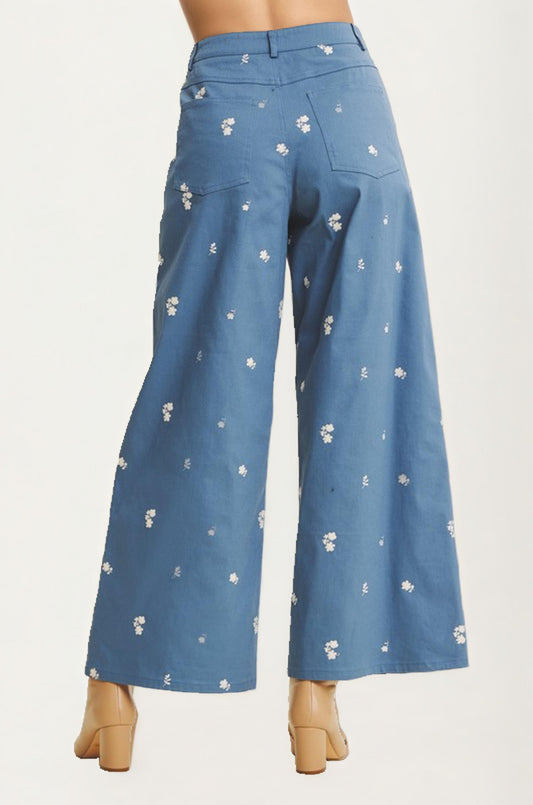 Blue Wide-Leg Pants with Mini Daisy Embroidery