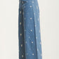Blue Wide-Leg Pants with Mini Daisy Embroidery