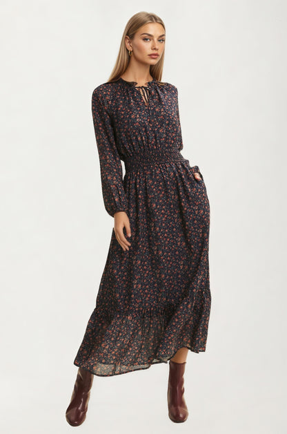 Long Sleeve Smocked Waist Floral Midi Dress