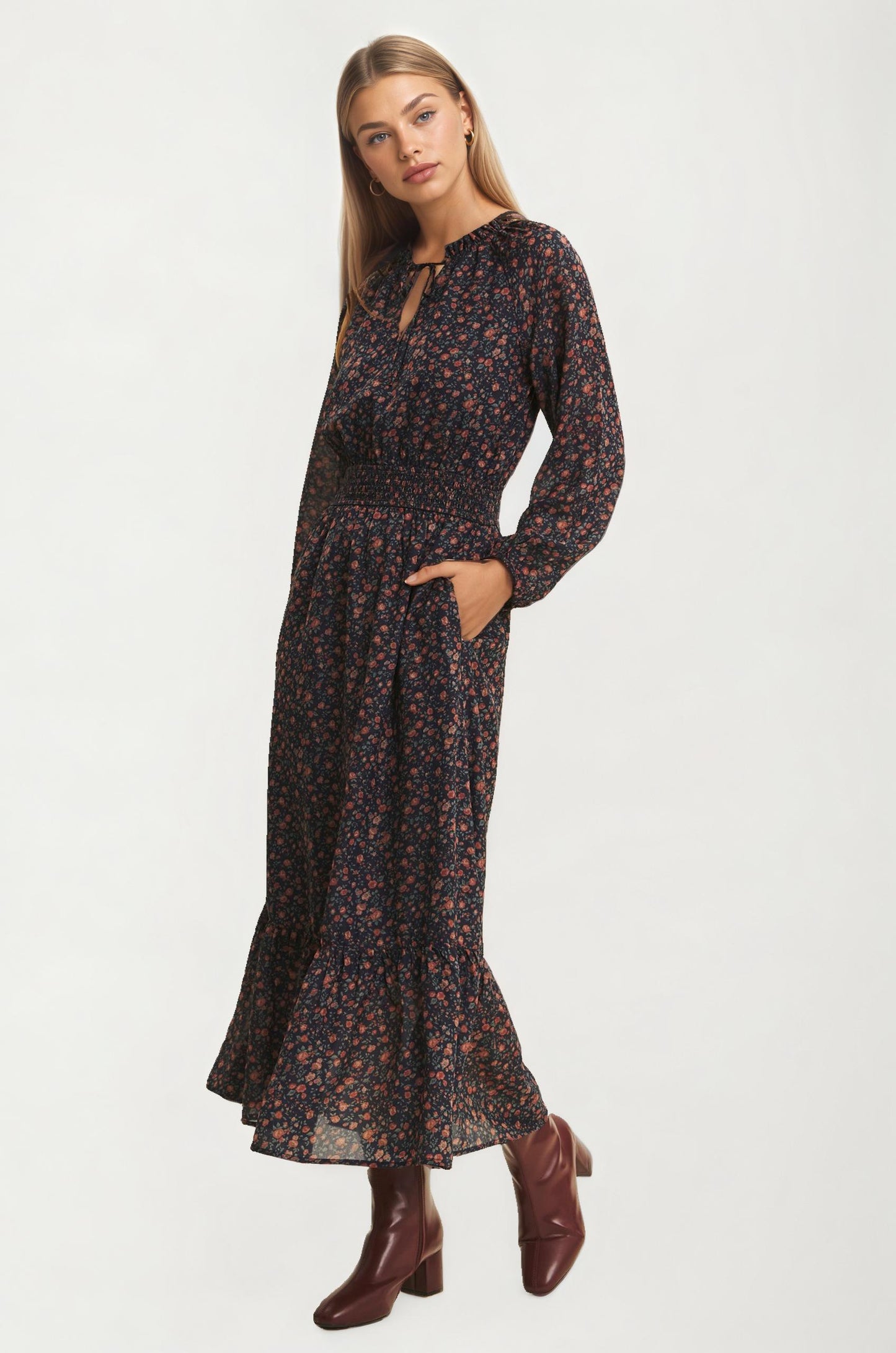 Long Sleeve Smocked Waist Floral Midi Dress