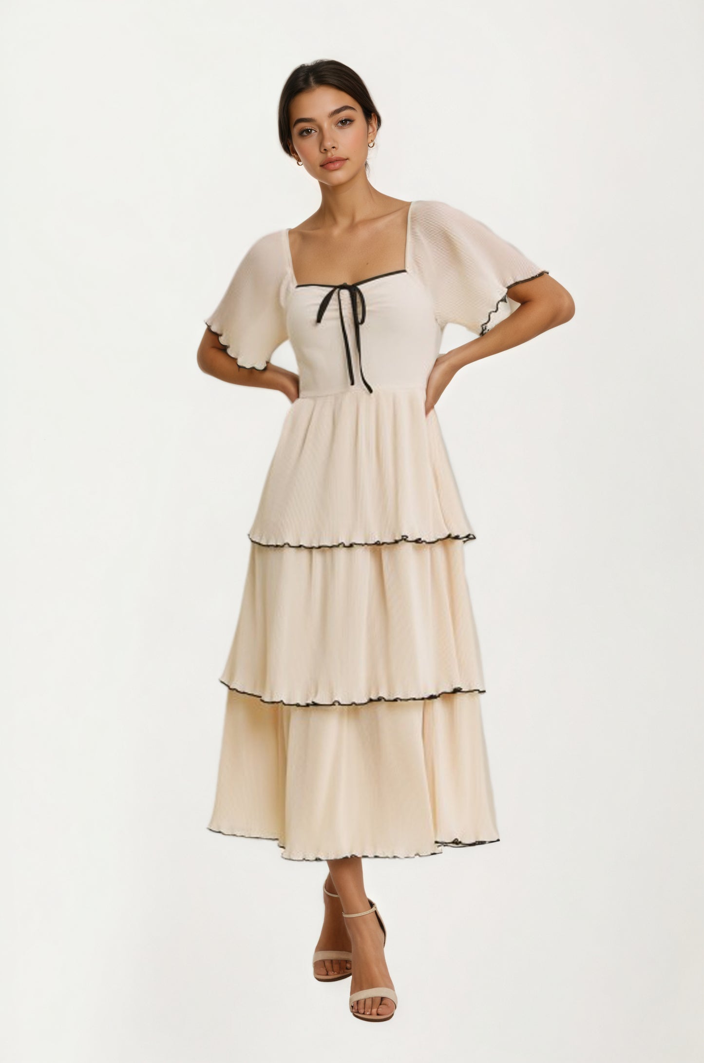 Tiered Flutter Sleeve Midi Dress with Tie Front
