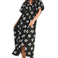 Puff Sleeve Black Maxi Dress with Bold White Floral Print