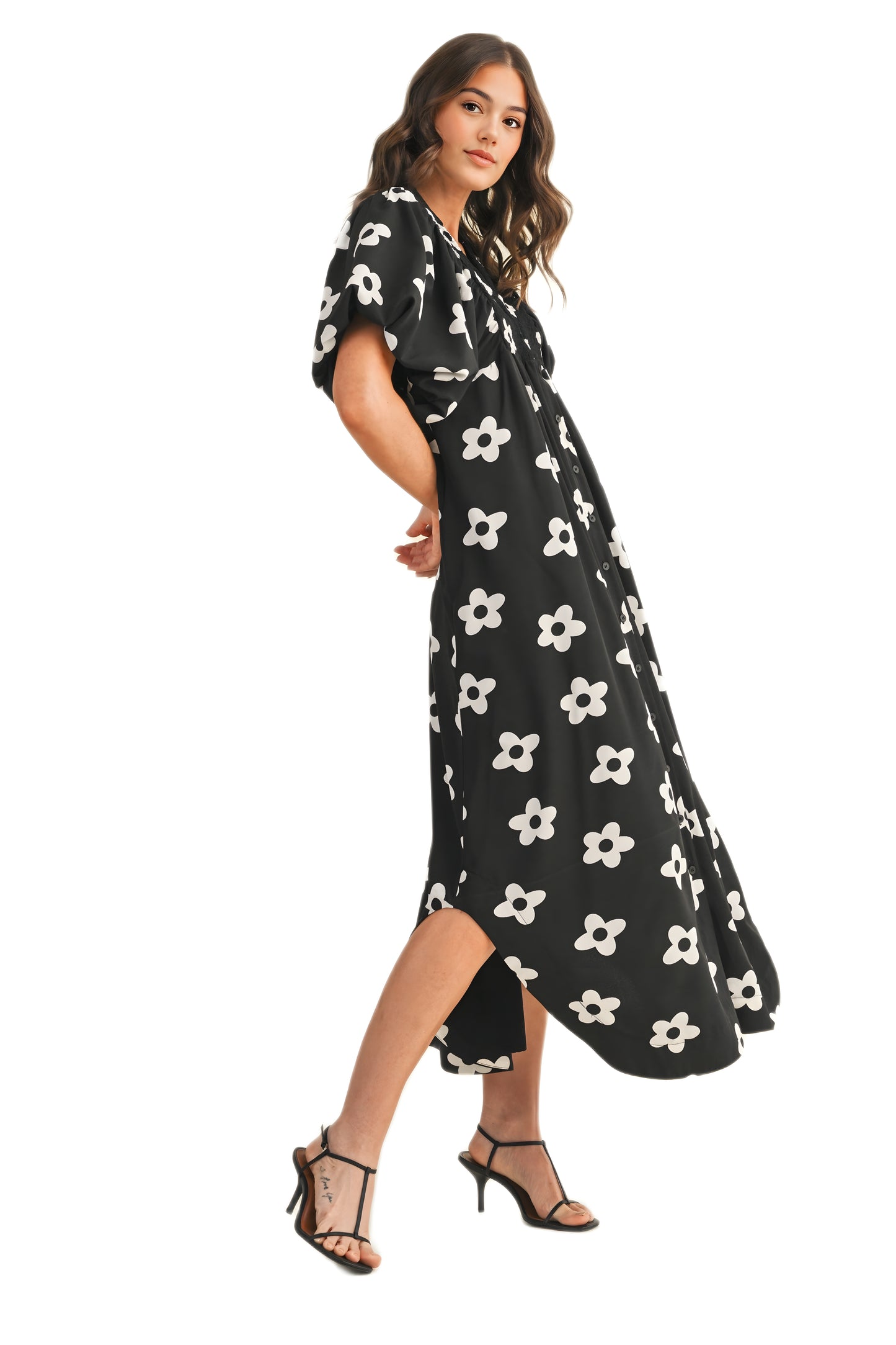 Puff Sleeve Black Maxi Dress with Bold White Floral Print