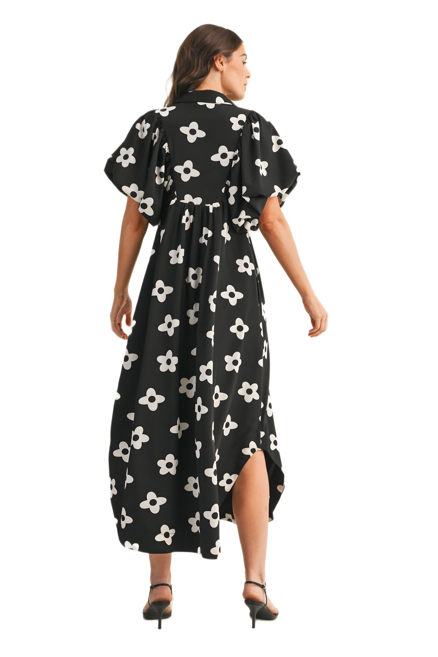 Puff Sleeve Black Maxi Dress with Bold White Floral Print