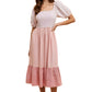 Blush Pink Puff Sleeve Midi Dress with Smocked Bodice