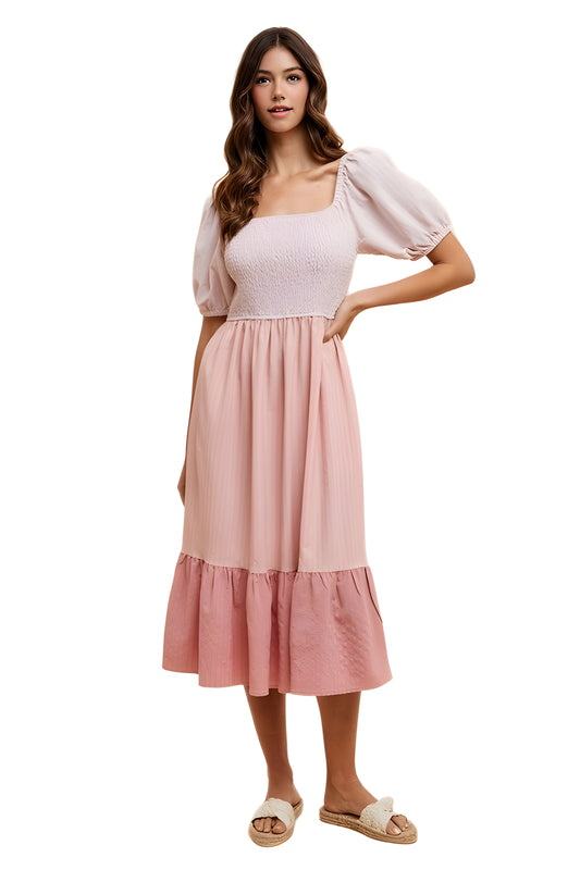 Blush Pink Puff Sleeve Midi Dress with Smocked Bodice