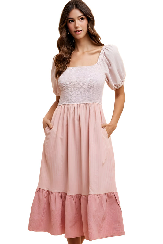 Blush Pink Puff Sleeve Midi Dress with Smocked Bodice