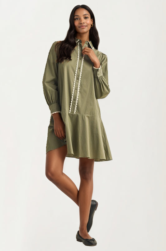 Long Sleeve Button Front Mini Dress with Scallop Trim