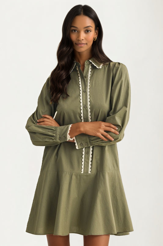 Long Sleeve Button Front Mini Dress with Scallop Trim
