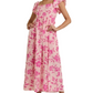 Elegant Pink Floral Square-Neck Midi Dress with Flutter Sleeves