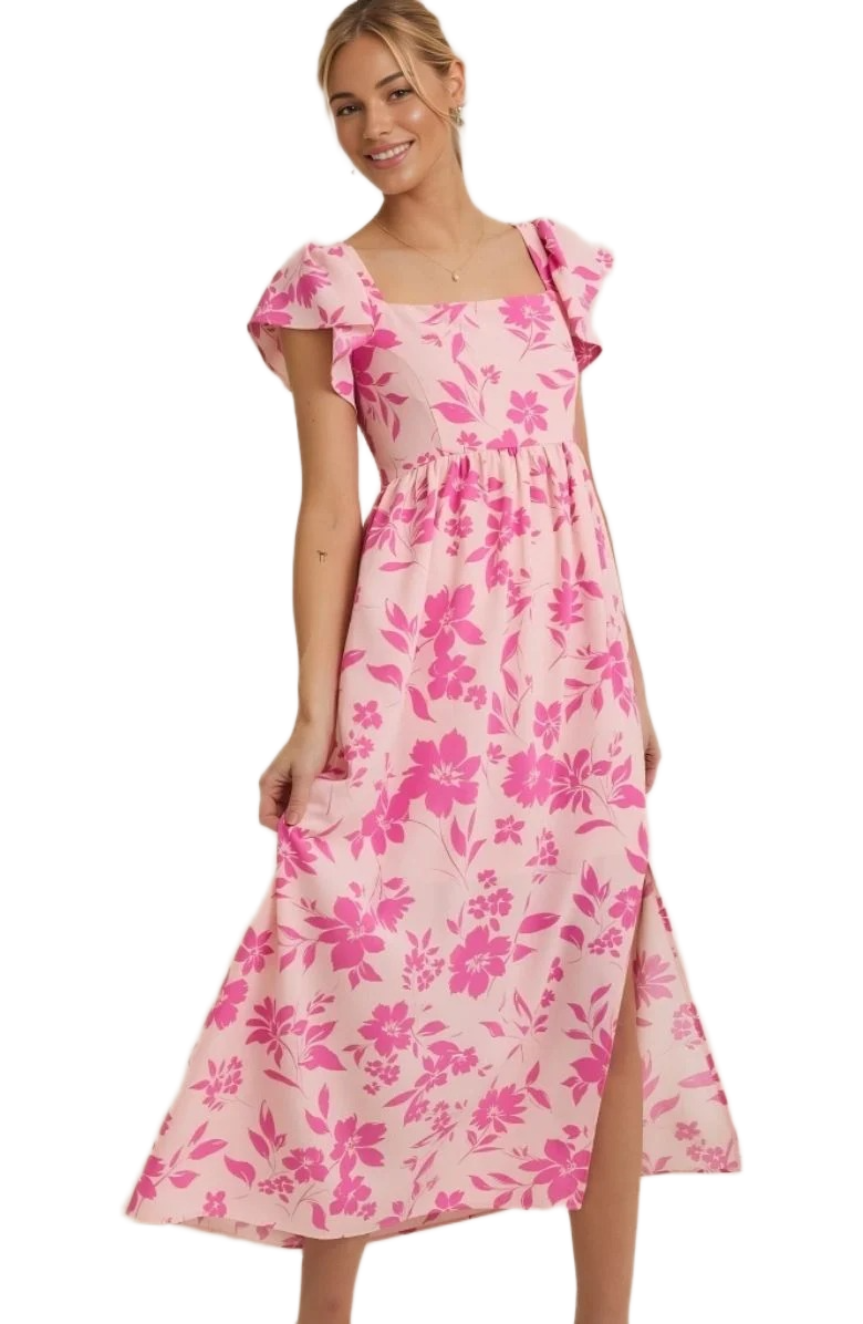 Elegant Pink Floral Square-Neck Midi Dress with Flutter Sleeves