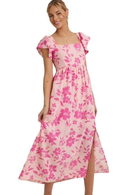 Elegant Pink Floral Square-Neck Midi Dress with Flutter Sleeves