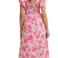 Elegant Pink Floral Square-Neck Midi Dress with Flutter Sleeves