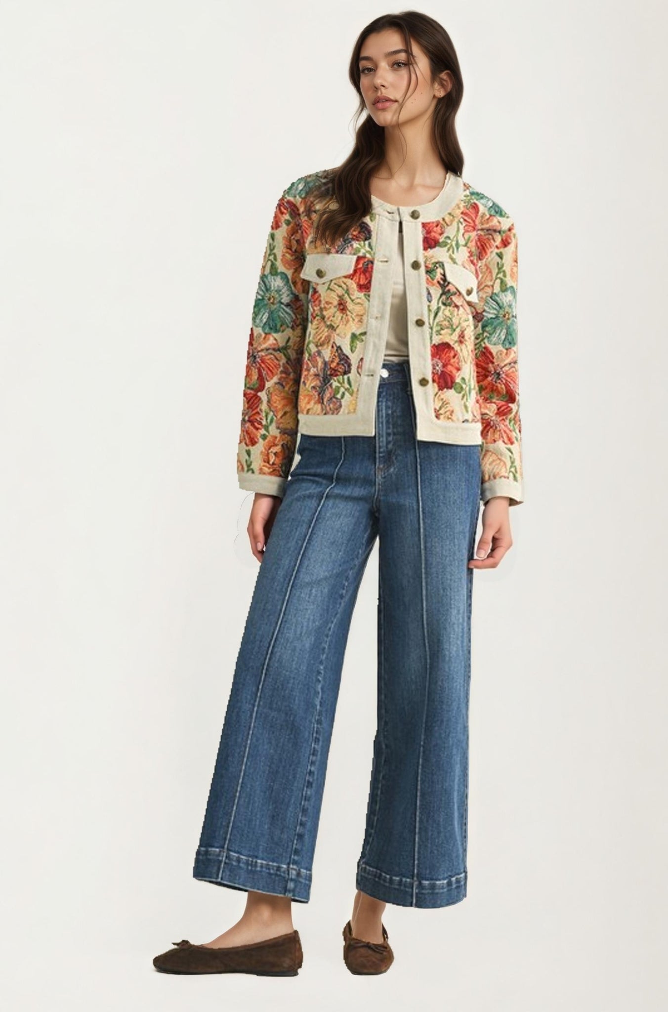 Floral Tapestry Button Front Cropped Jacket With Long Sleeves
