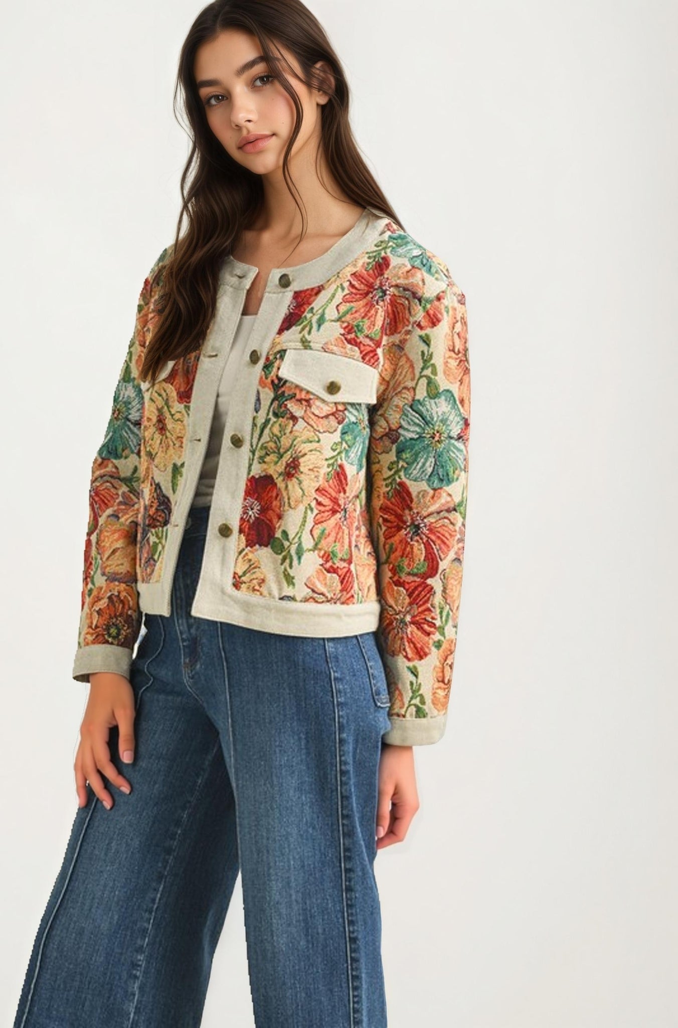 Floral Tapestry Button Front Cropped Jacket With Long Sleeves