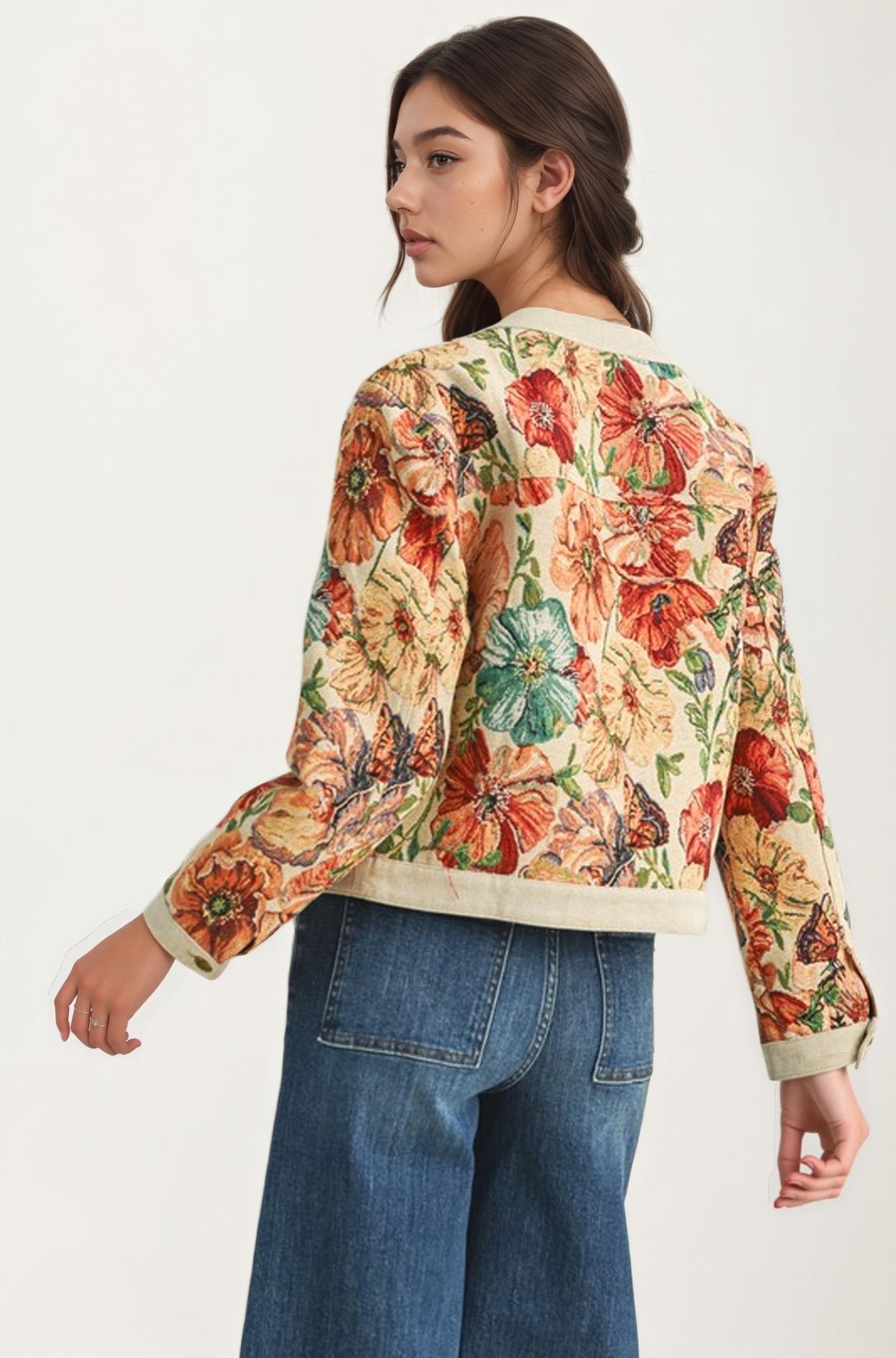 Floral Tapestry Button Front Cropped Jacket With Long Sleeves