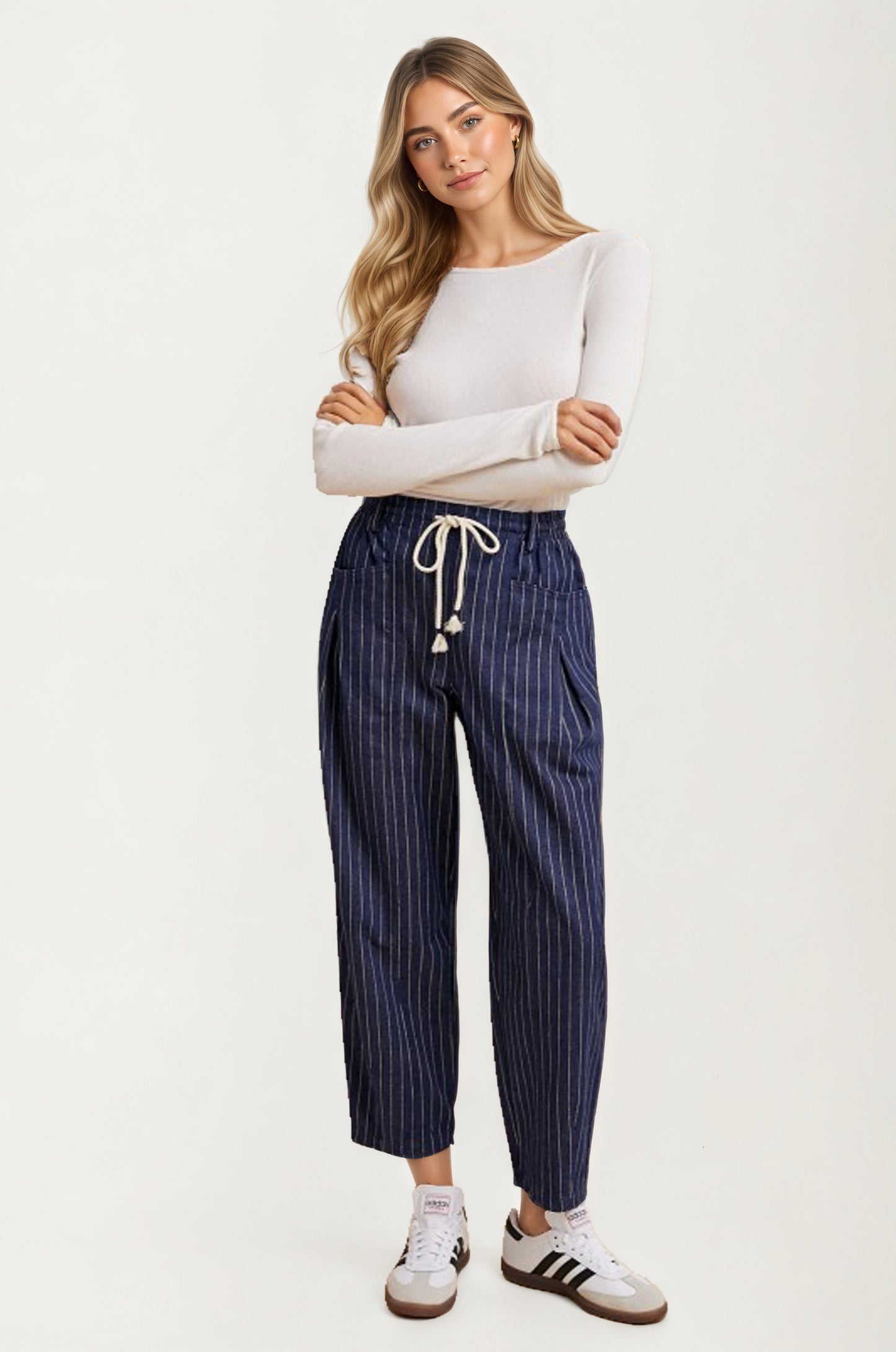 Relaxed Pinstripe Drawstring Pants with Pockets