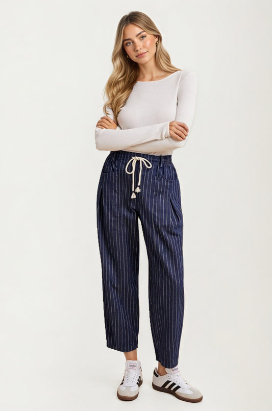 Relaxed Pinstripe Drawstring Pants with Pockets