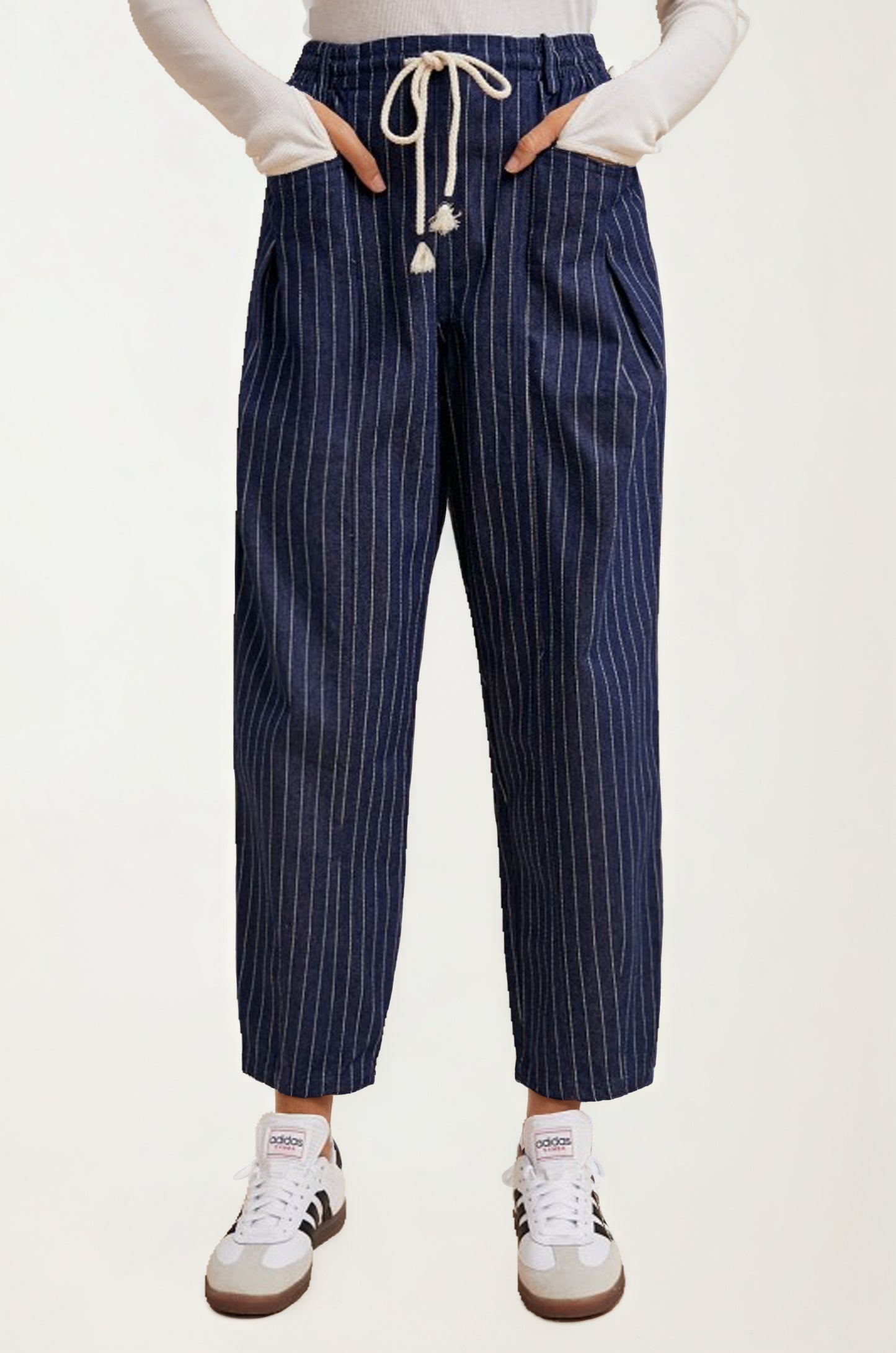 Relaxed Pinstripe Drawstring Pants with Pockets