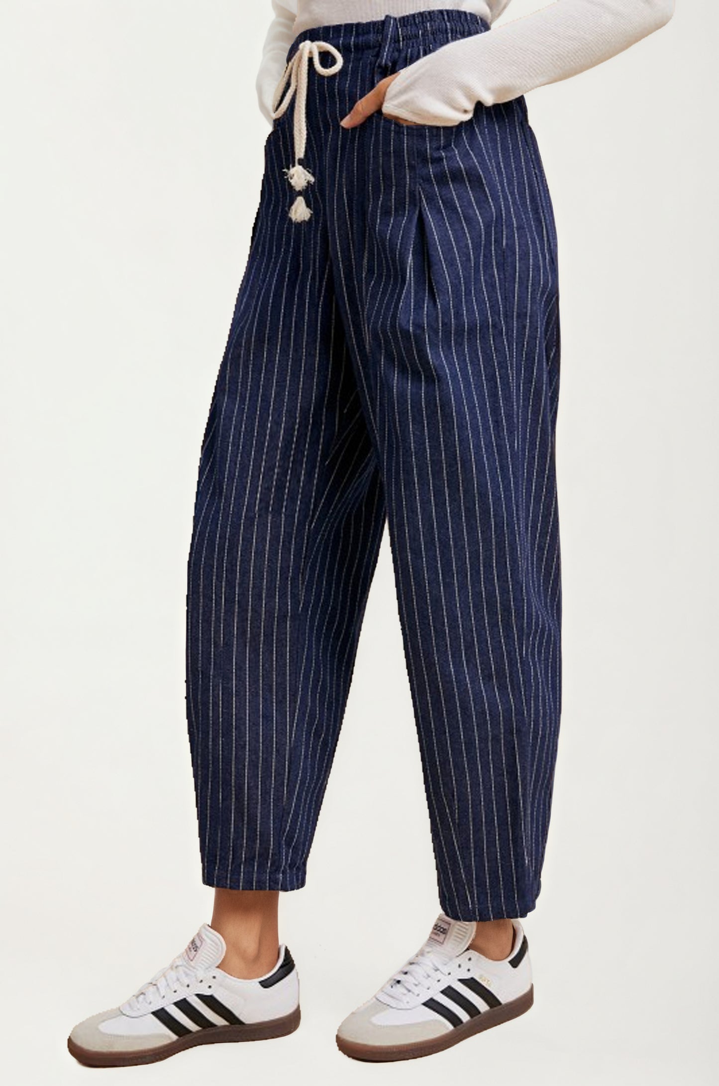 Relaxed Pinstripe Drawstring Pants with Pockets
