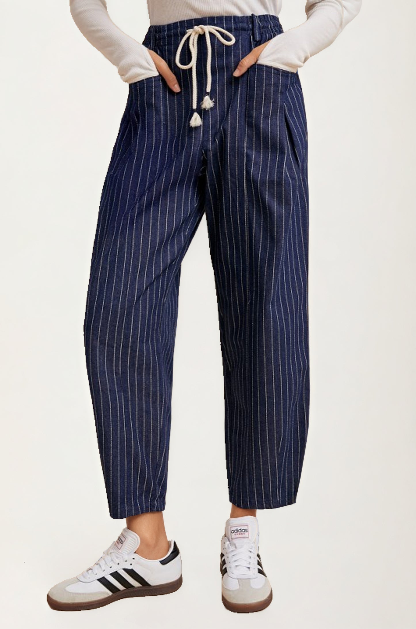 Relaxed Pinstripe Drawstring Pants with Pockets