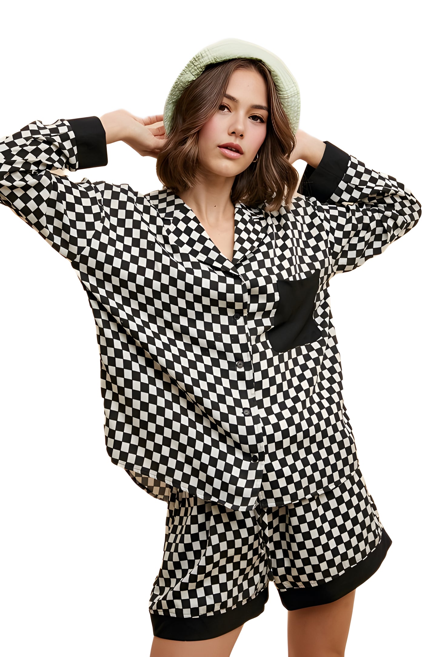 Checkerboard Print Button-Up Shirt and Shorts Pajama Set