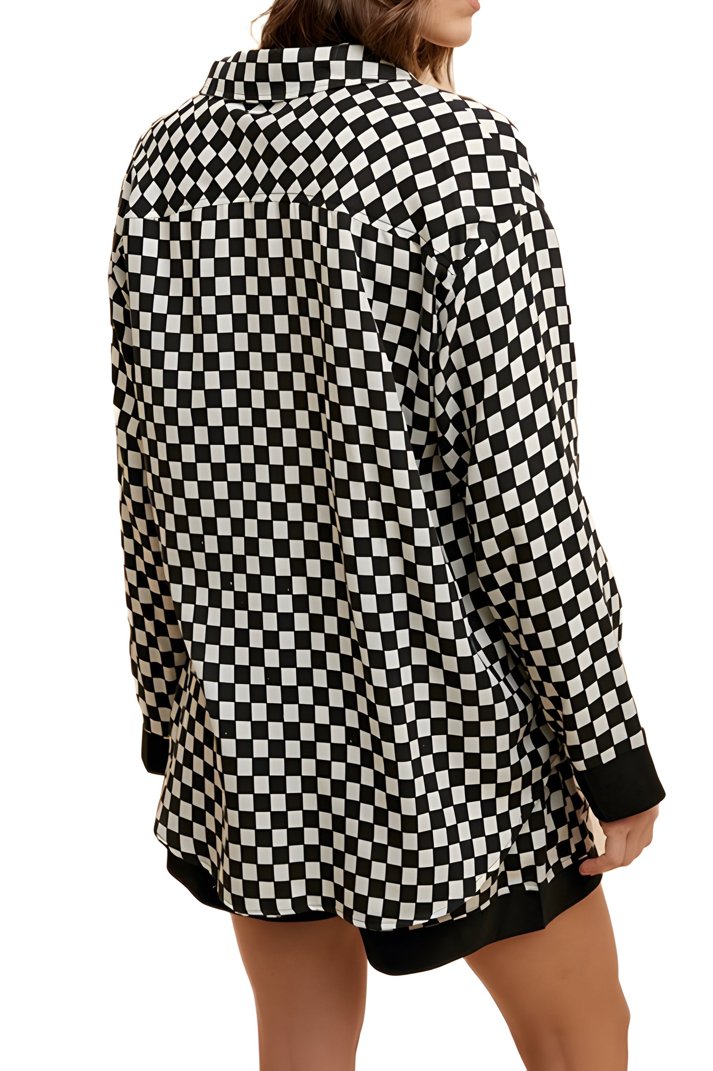Checkerboard Print Button-Up Shirt and Shorts Pajama Set