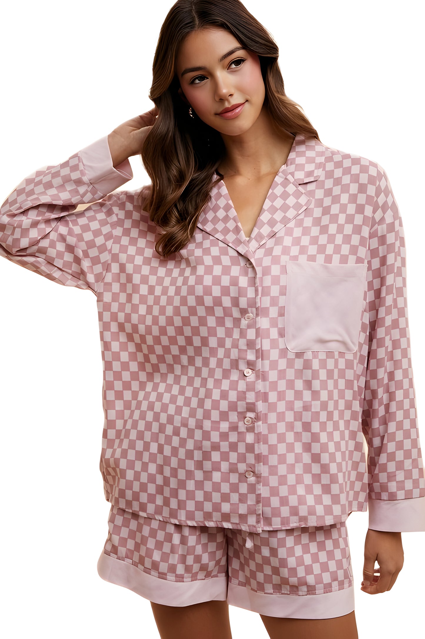 Pink Checkerboard Button-Up Shirt and Shorts Pajama Set