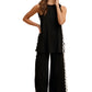 Black Wide-Leg Pant and Sleeveless Top Set with Wave Trim