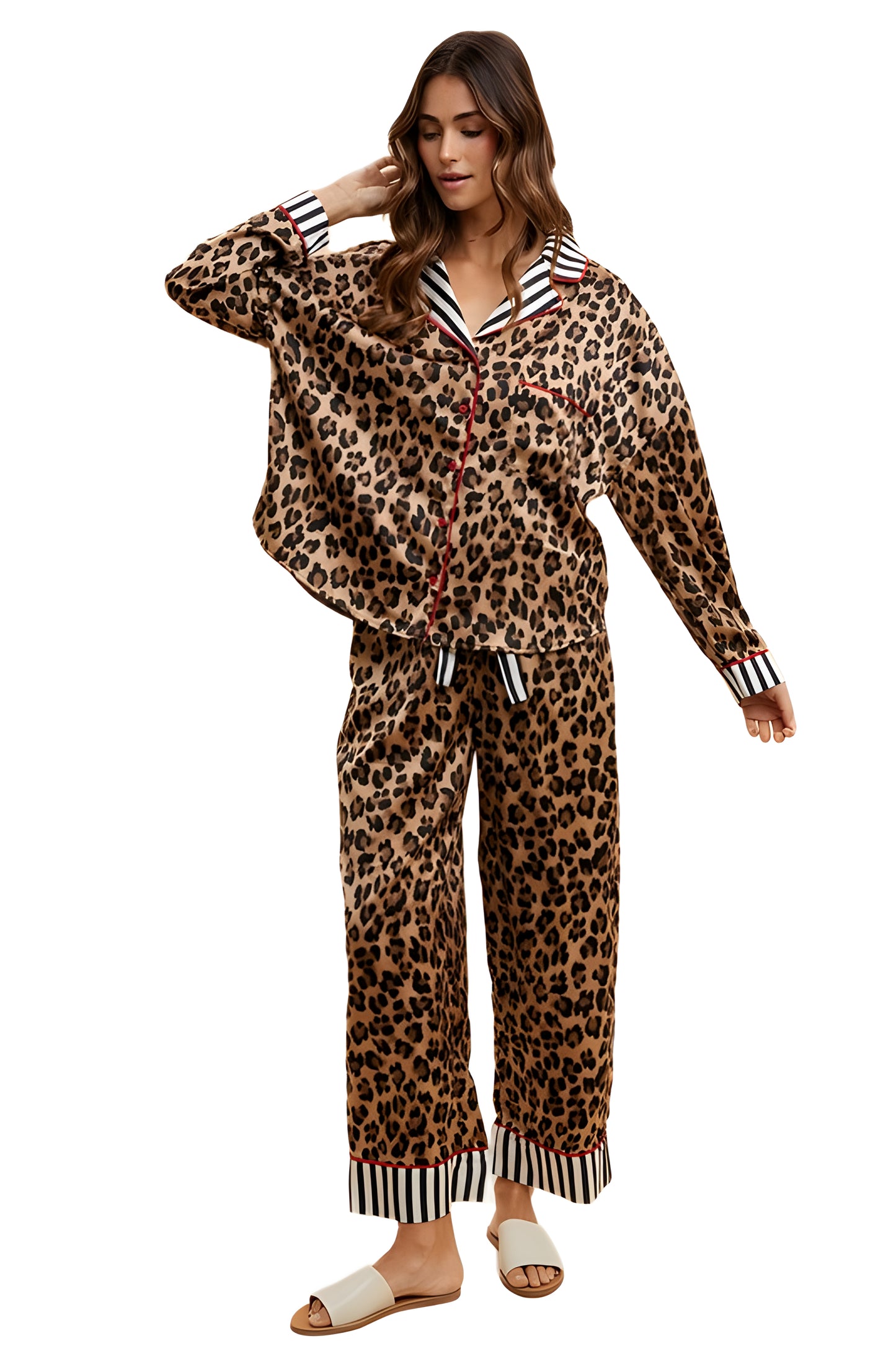 Leopard Print Pajama Set with Striped Trim