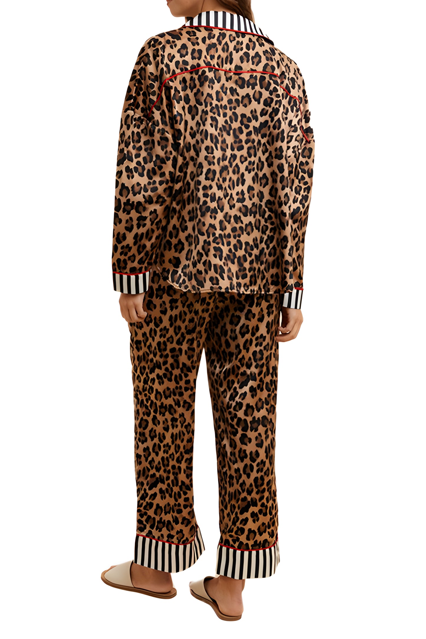 Leopard Print Pajama Set with Striped Trim