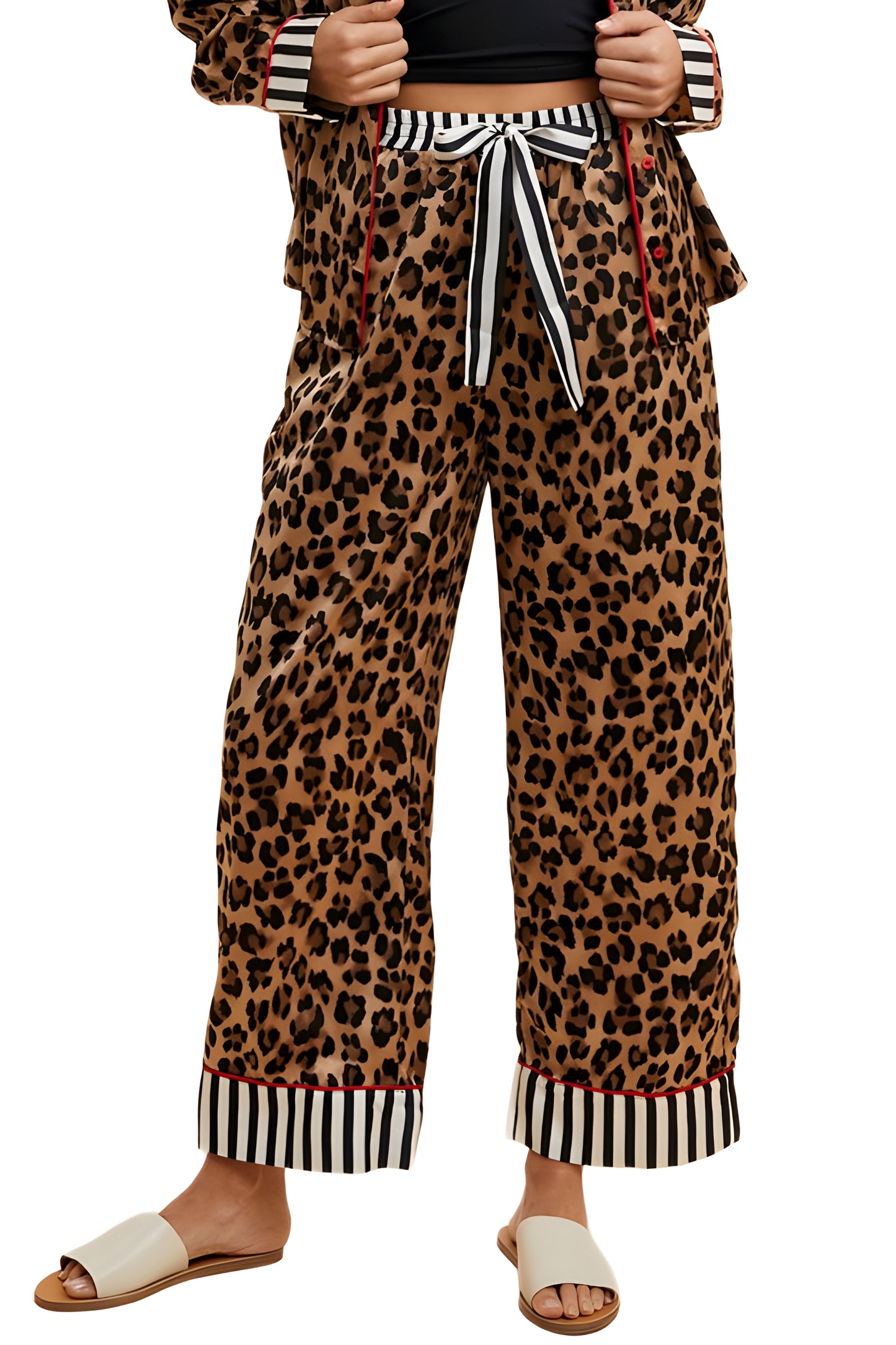 Leopard Print Pajama Set with Striped Trim